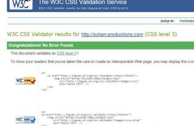 The W3C CSS Validation Service results page showing a green banner with the text "Congratulations! No Error Found" and HTML code snippets for validation badges.