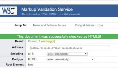 A screenshot of the W3C Markup Validation Service showing that a tested web page successfully passed as HTML5 with one warning.
