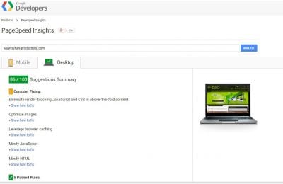 A screenshot of Google PageSpeed Insights showing a desktop performance score of 86 out of 100 with optimization suggestions.