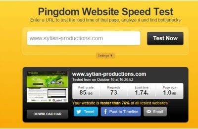 Screenshot of the Pingdom Website Speed Test interface displaying results for sytian-productions.com, showing a performance grade of 85/100, a load time of 1.74 seconds, and a page size of 1.0 MB.
