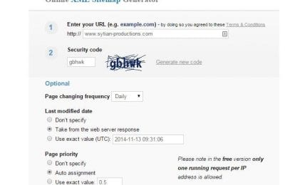 Screenshot of the Online XML Sitemap Generator website form, showing URL input, security captcha, frequency, and last modified date options.
