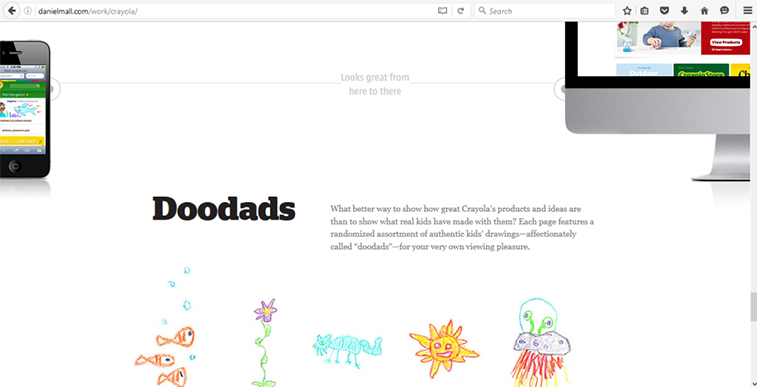 A web design portfolio page showing a mobile phone on the left, a computer monitor on the right, and Crayola children's drawings displayed in the center with the heading Doodads.