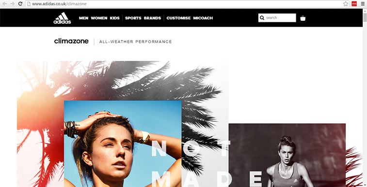 A screen capture of the Adidas Climazone website featuring workout gear and models under palm trees.
