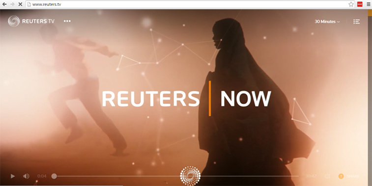 Screenshot of Reuters TV interface displaying "Reuters Now" over a hazy background with a silhouette of a person running and another in a hijab.