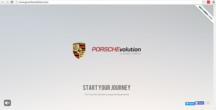 A browser window showing the homepage of the Porsche Evolution website with a Porsche crest, logo, and the text "Start your journey" below.