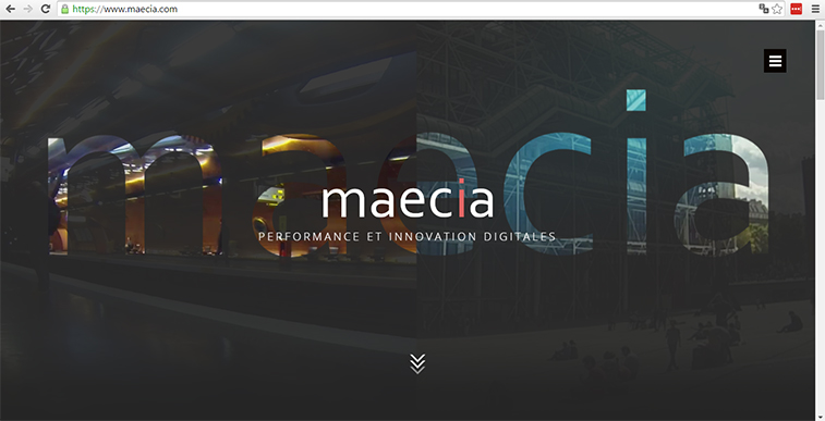 A screenshot of the homepage for the French digital agency Maecia, featuring a split-screen design with background images and large overlaid typography displaying "maecia" and the tagline "performance et innovation digitales."