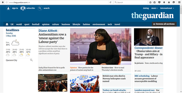 A screenshot of the homepage for The Guardian website on May 1, 2016, displaying headlines about Diane Abbott and Barack Obama, along with weather forecasts and news categories.