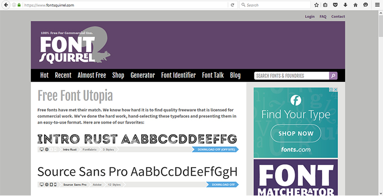 A screenshot of the Font Squirrel website homepage showcasing a collection of free commercial-use fonts.