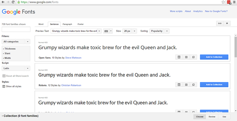 A browser window displaying the Google Fonts website showcasing different font families with sample text.