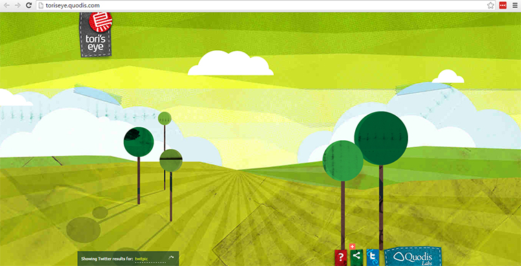 A website screenshot displaying an illustrated landscape with green rolling hills, a green sky, and whimsical lollipop-like trees under fluffy white clouds, with a logo in the upper left labeled "tori's eye" and controls in the lower right.
