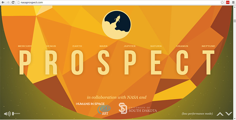 A browser window displays the Prospect website featuring a geometric orange and yellow background with a rocket launching from a planet graphic and the planets Mercury through Neptune listed above the title.