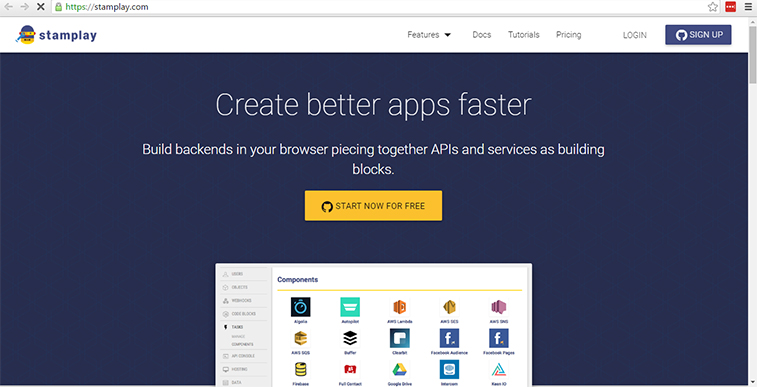 A screenshot of the Stamplay website homepage showing the tagline Create better apps faster with a start now button and a components preview.