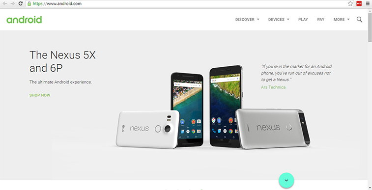 A screenshot of the Android website homepage, showcasing the Nexus 5X and Nexus 6P smartphones with text reading "The ultimate Android experience" and a "SHOP NOW" button.