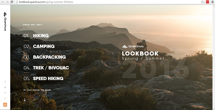 Quechua Spring/Summer 2016 Lookbook landing page with a landscape background of a hiker in mountainous terrain at sunset and a navigation menu featuring sports categories.