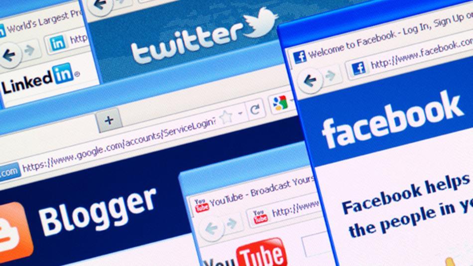 Collage of web browser windows displaying popular social media platforms like Facebook, Twitter, LinkedIn, YouTube, and Blogger.