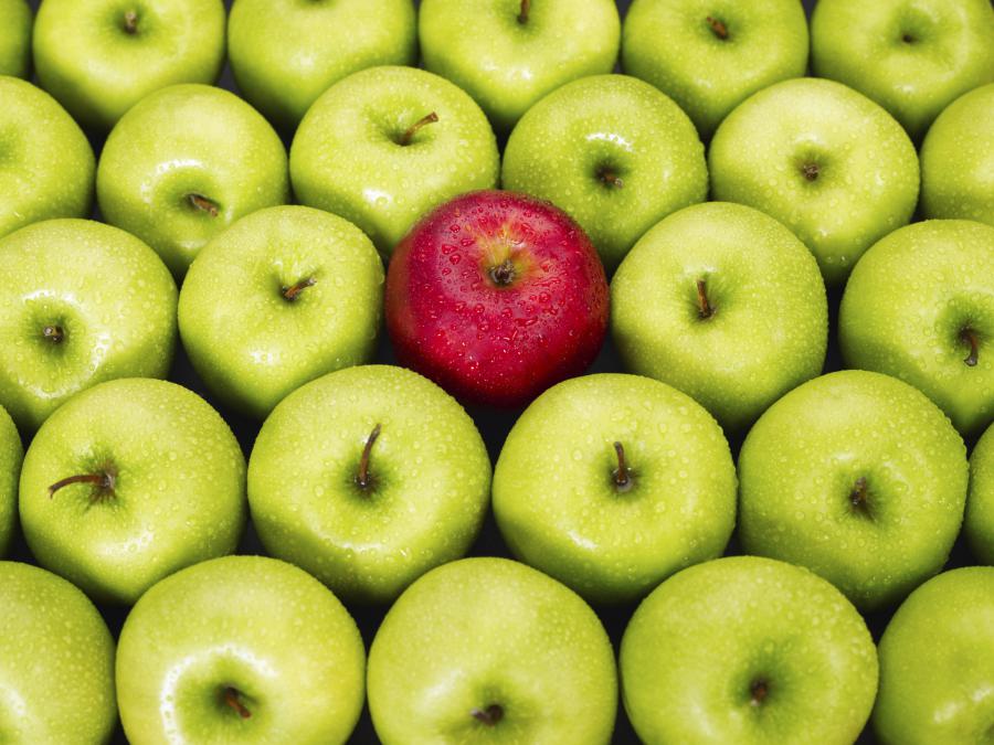 A top-down, slightly angled view of a grid of green apples, with a single, shiny red apple standing out near the center.
