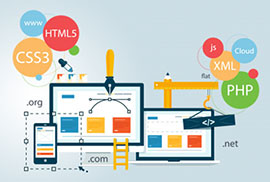 Illustration of web design tools and programming languages like HTML5, CSS3, and PHP surrounding desktop, laptop, and mobile device screens.