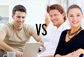 A split image comparing a casual freelancer working on a laptop on the left with a smiling corporate team of two on the right, separated by the letters VS.