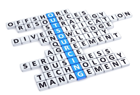 3D blocks spelling out the word outsourcing in blue, surrounded by other business-related words like offshore, resources, strategy, diversification, knowledge, quality, agreement, servicing, business, technology, and management in white.