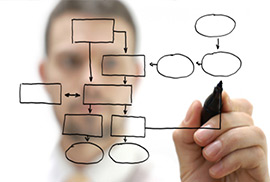 A businessman in the background is drawing a website flowchart and sitemap on a glass board with a black marker.