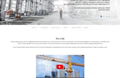 Website screenshot for GS East Asia Manila Inc. featuring a header with company info, a hero banner about plant engineering, navigation links, placeholder text, and a video player with a construction crane thumbnail.