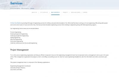 Screenshot of the Services page for GS East Asia Manila Inc., detailing engineering services and project management organization.
