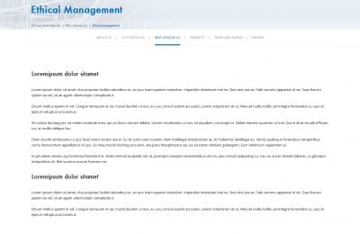 GS East Asia Manila Inc. webpage detailing ethical management, featuring contact information, navigation links, and placeholder body text.