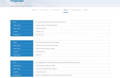 Screenshot of the GS East Asia Manila Inc. website proposal page displaying details for three engineering projects.