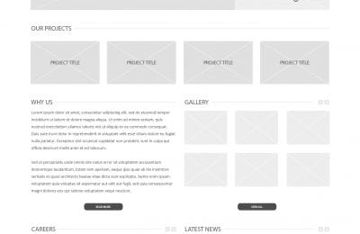 A webpage wireframe for GS East Asia Manila Inc., featuring sections for a main banner, projects, "Why Us," a gallery, careers, and latest news.