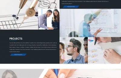 A corporate homepage layout with sections for About Us, Vision, Services, Projects, Gallery, Events, and News, featuring blue accent bars, text blocks, and placeholder imagery.