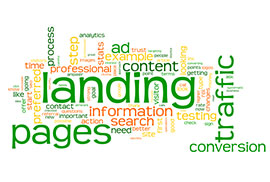A word cloud centered around landing pages, featuring related terms like traffic, content, information, and conversion in various green, orange, and yellow fonts.
