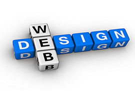 Blue and white cubes spelling out the words web design in a crossword style.