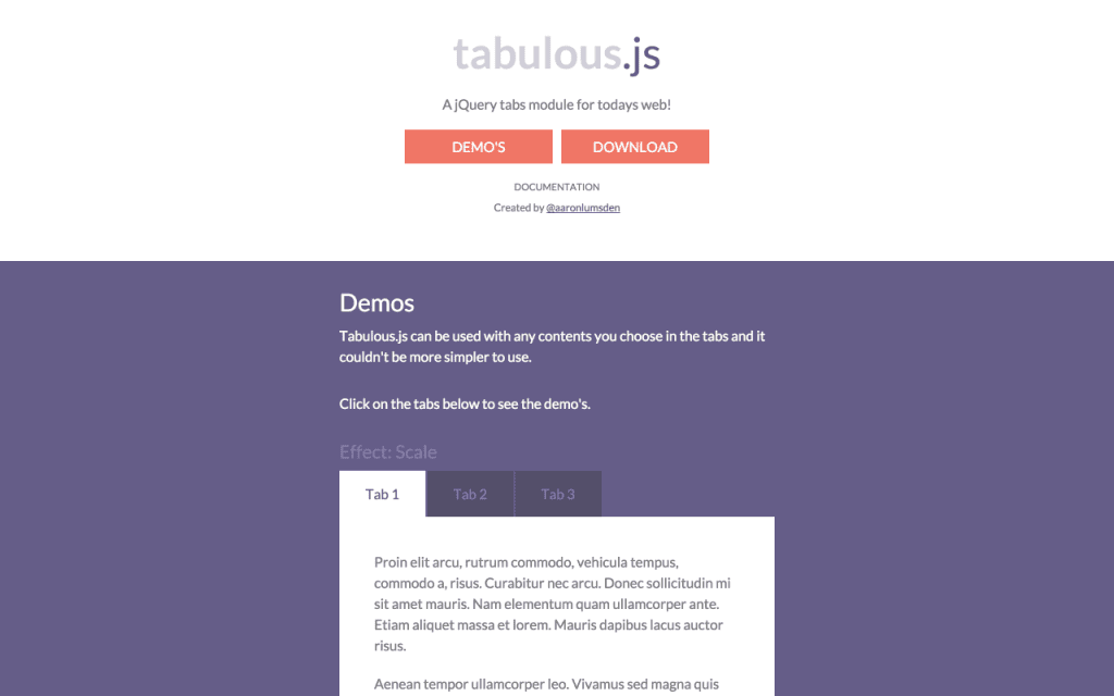 Screenshot of the landing page for tabulous.js, a jQuery tabs module, featuring demo and download buttons, and a scale effect demo with three tabs.