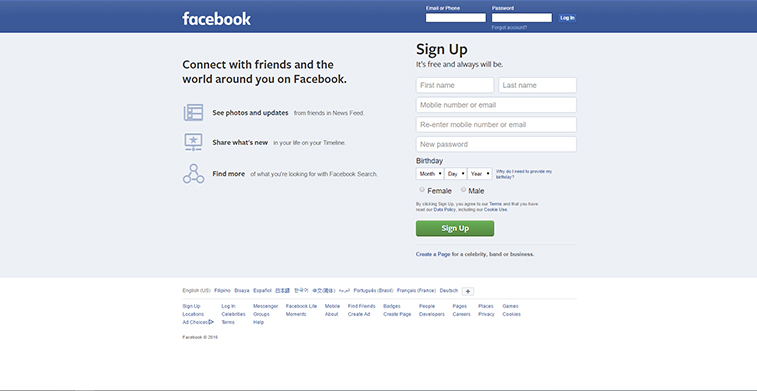 Screenshot of the old Facebook login and registration homepage on a desktop browser.