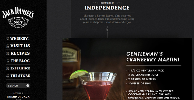 A screenshot of a Jack Daniel's website page featuring the recipe for a Gentleman's Cranberry Martini.