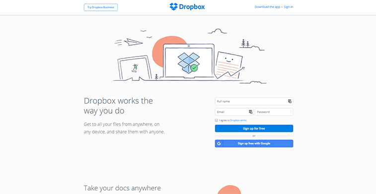 A screenshot of the Dropbox homepage, showing the title "Dropbox works the way you do" with an adjacent sign-up form and a sketched header illustration.