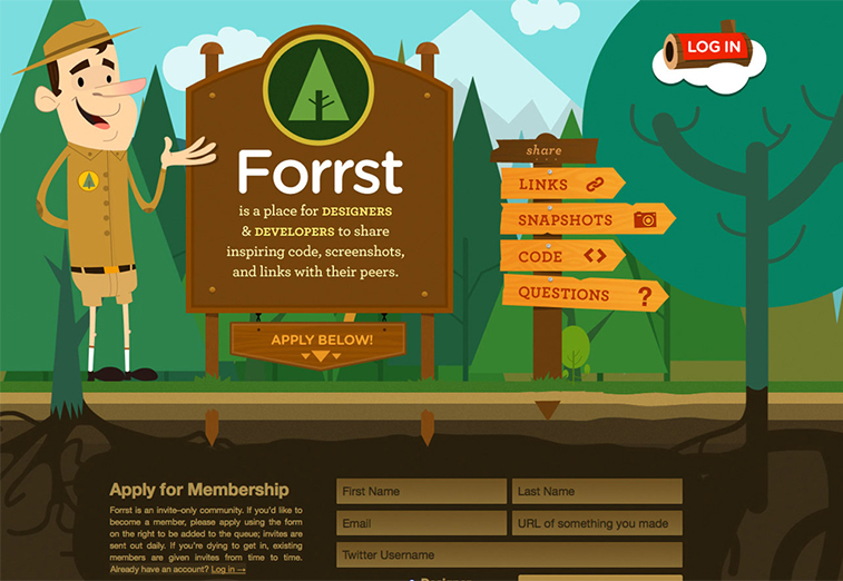 Cartoon interface for Forrst, a community for designers and developers, featuring a park ranger mascot, wooden signposts, and a membership application form.