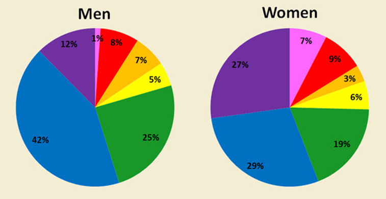 Two pie charts comparing color preferences between men and women, with slices representing percentages for purple, blue, green, yellow, orange, red, and pink.