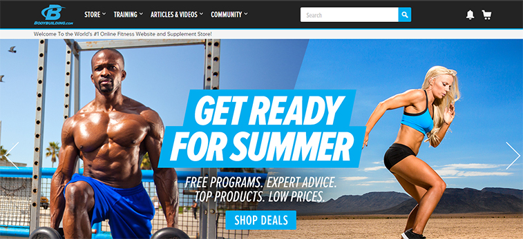 A screenshot of the Bodybuilding.com website homepage features a man lifting weights and a woman running outside with the text "Get Ready For Summer".