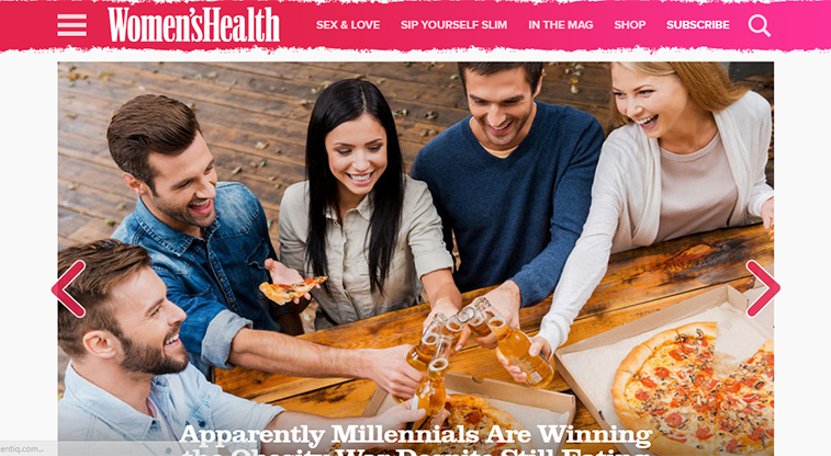 A screenshot of a Women's Health website article featuring a group of friends smiling and drinking around a table of pizza, with the title Apparently Millennials Are Winning the Obesity War Despite Still Eating Pizza.
