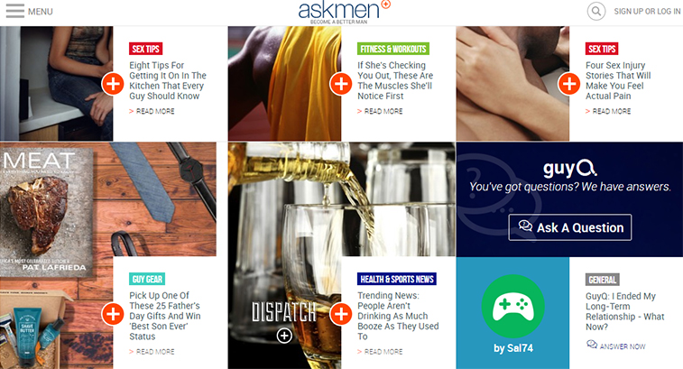 A screenshot of the homepage of the men's lifestyle website AskMen featuring various articles, images, and links.
