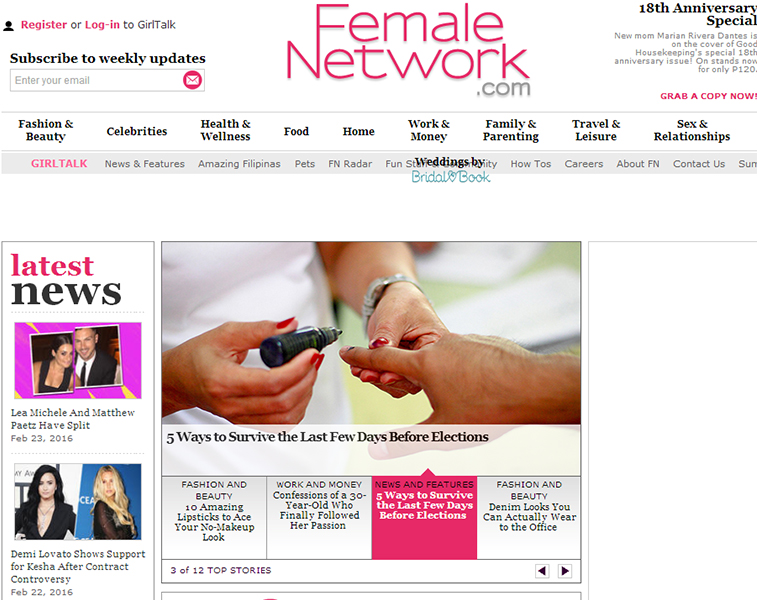 A screenshot of the Female Network website homepage displaying the site logo, navigation menus, latest news articles, and a featured story with a close-up image of a person applying indelible ink to a finger.