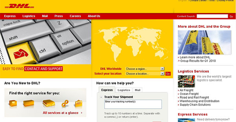 A screenshot of the DHL website homepage, featuring a yellow and red color scheme, a world map graphic, navigation menus, and tools for tracking shipments and contacting support.