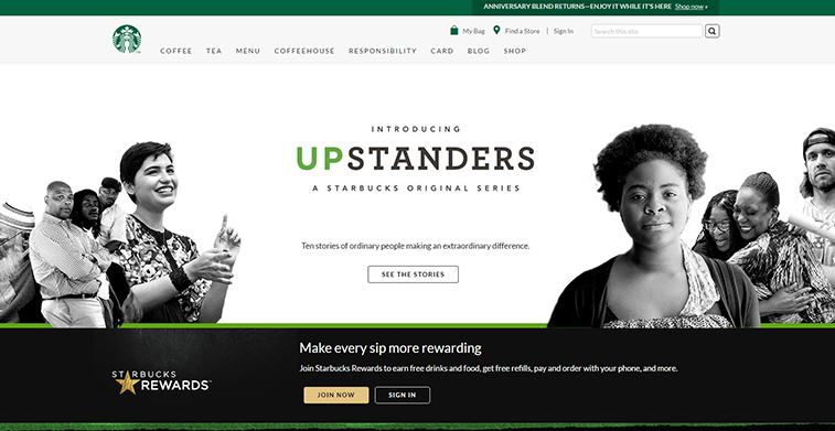 Screenshot of a Starbucks website homepage featuring black and white portraits of people alongside the green text "UPSTANDERS: A Starbucks Original Series."
