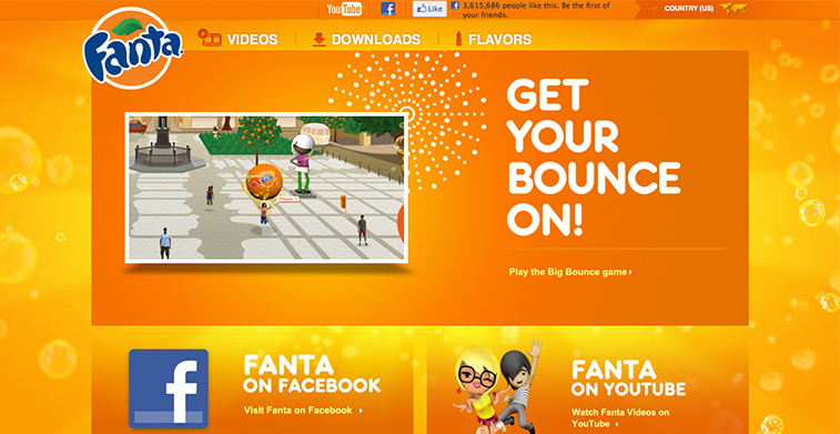 Screenshot of the Fanta website with an orange theme, featuring a game preview and social media links.