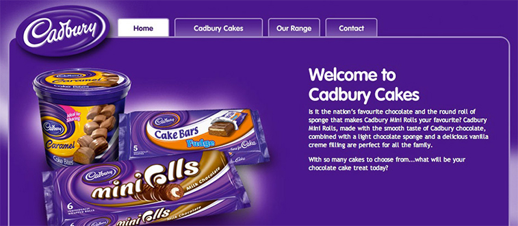 A screenshot of the Cadbury Cakes website featuring a prominent purple color scheme, product displays of Mini Rolls, Cake Bars, and Caramel Cake Bites, and text welcoming visitors to the brand.