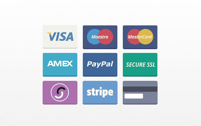 A grid of colorful icons representing various payment methods and security symbols, including Visa, Maestro, Mastercard, Amex, PayPal, Secure SSL, Stripe, and a generic credit card.