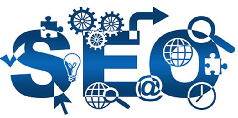A blue graphic featuring the word SEO surrounded by various icons such as gears, globes, a lightbulb, and a magnifying glass.