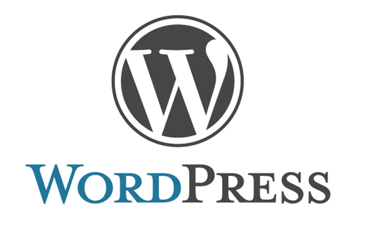 WordPress logo featuring a white 'W' inside a dark grey circle above the blue and grey 'WordPress' text.