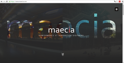 A screenshot of the Maecia homepage, featuring a large transparent company logo overlaid on a background image split vertically, with a menu icon in the top right and scroll-down arrows at the bottom.